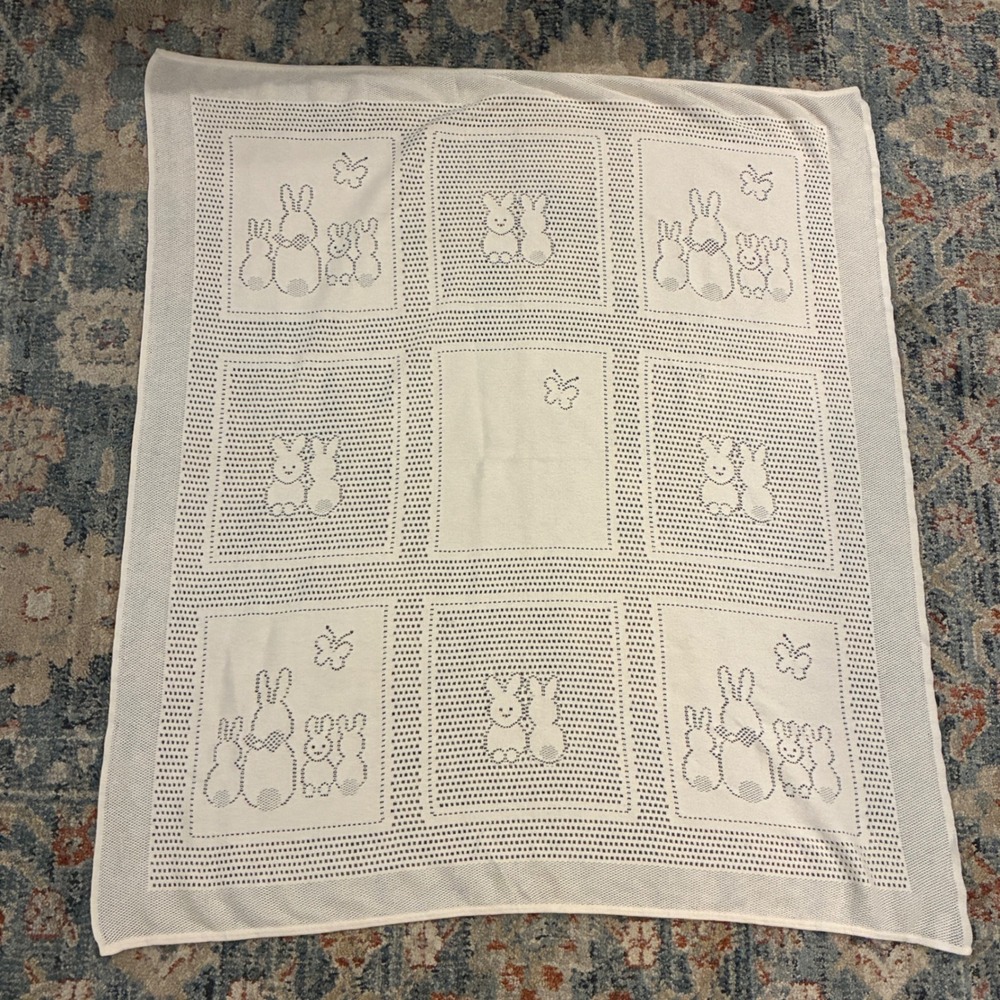 Lands End Baby Blanket Infant White Bunny Pointelle Cotton Nursery Cottagecore